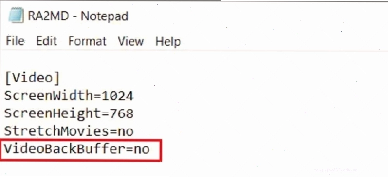 Bạn tiến hành thêm dòng code VideoBackBuffer=no vào trong file RA2MD