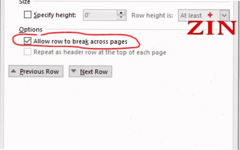 Bỏ chọn "Allow row to break across pages" để sửa lỗi ngắt trang trong Word