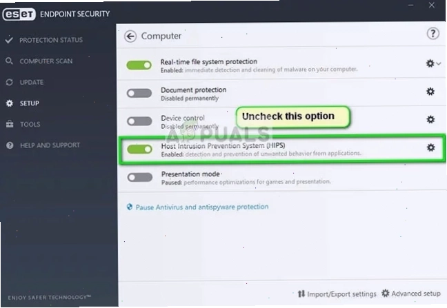 Bỏ chọn tùy chọn Host Intrusion Prevention System (HIPS) trong ESET