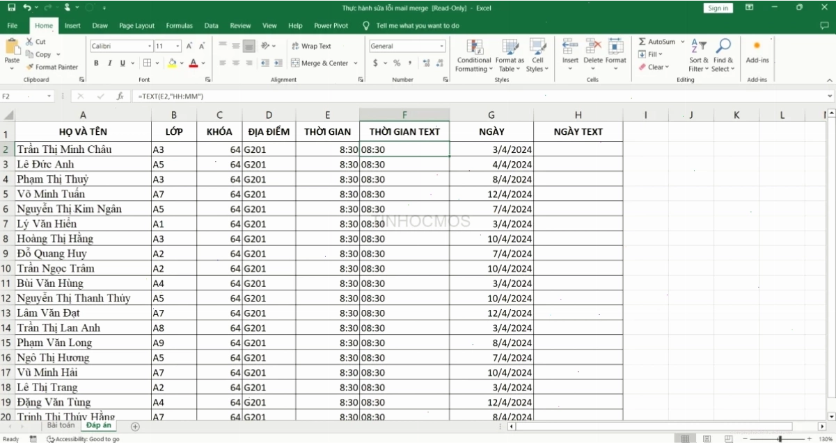 Cách sửa lỗi định dạng ngày tháng trong mail merge trong excel
