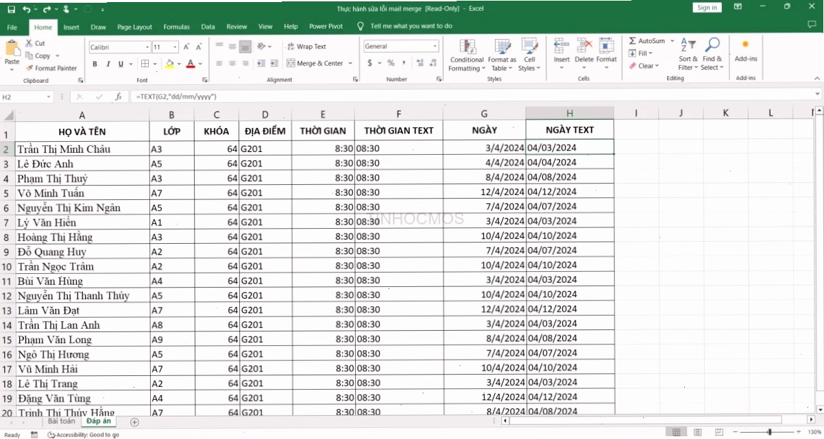 cách sửa lỗi định dạng ngày tháng trong mail merge trong excel