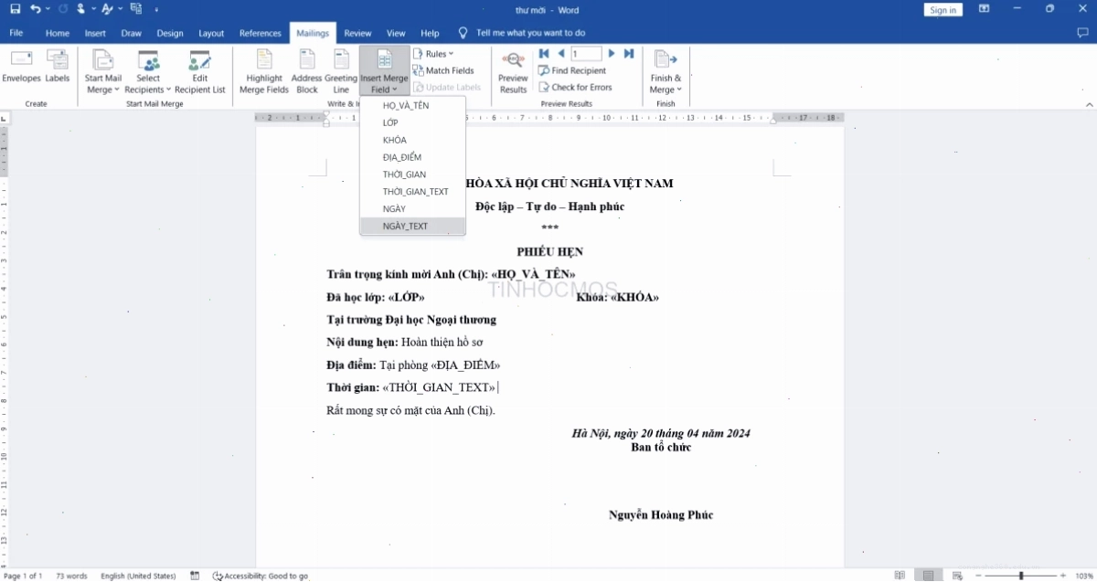 Cách sửa lỗi định dạng ngày tháng trong mail merge trong word