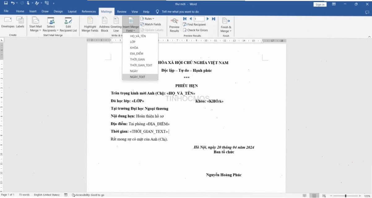 cách sửa lỗi định dạng ngày tháng trong mail merge trong word