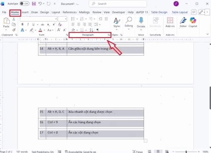 Chỉnh sửa thiết lập Paragraph để khắc phục lỗi bảng bị nhảy trang