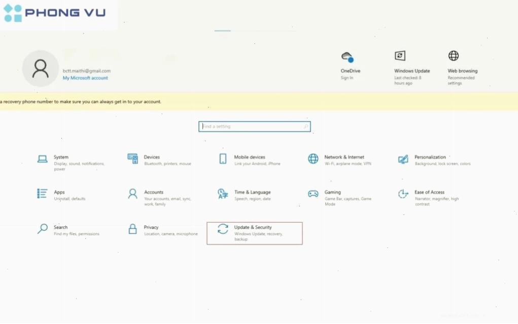 Chọn mục Updates and Security.