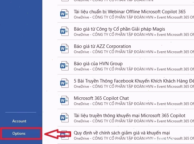 Chọn Options để sửa lỗi Word bị cách chữ