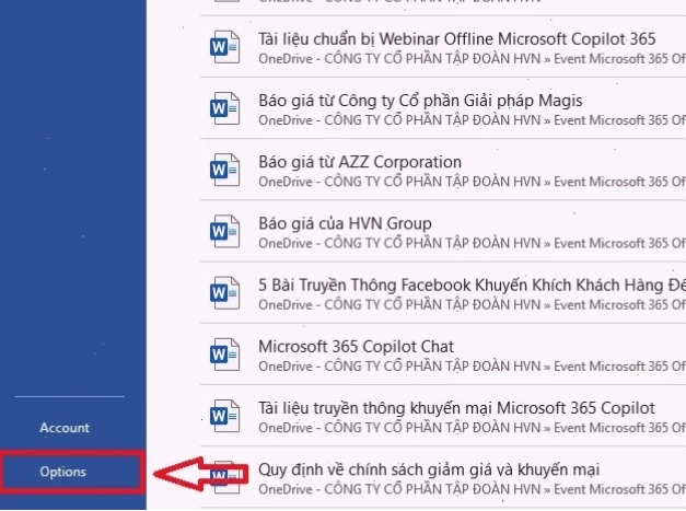 Chọn Options (Tùy chọn) để sửa lỗi font chữ trong Word
