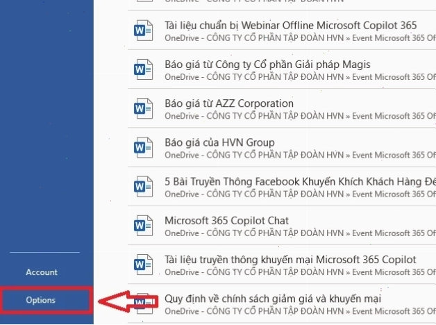 Chọn Options Tùy chọn trong Word