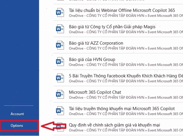 Chọn Options (Tùy chọn) trong Word để sửa lỗi