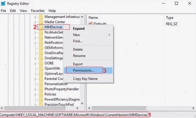 Chọn Permissions trong Registry Editor để sửa lỗi loa máy tính có dấu x đỏ Win 10