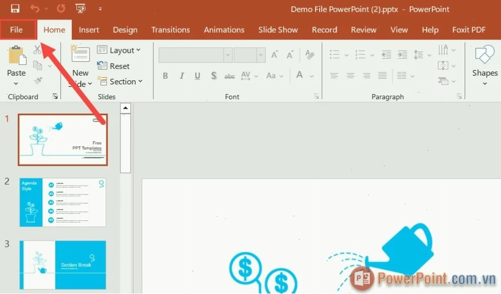 Chọn thẻ File để xem thiết lập về tài liệu