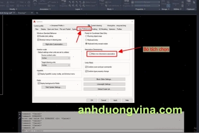 Chọn thẻ User Preferences và bỏ chọn Make new dimensions associative.