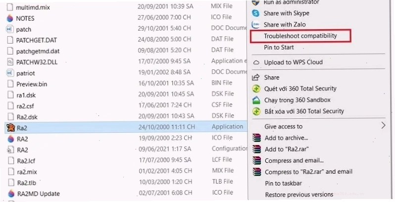 Đầu tiên bạn nhấn chuột phải vào file Ra2.exe và chọn Troubleshoot compatibility