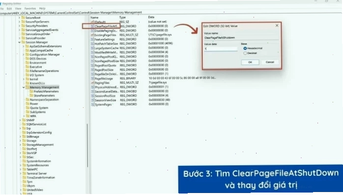 Điều chỉnh giá trị ClearPageFileAtShutDown và khởi động lại máy