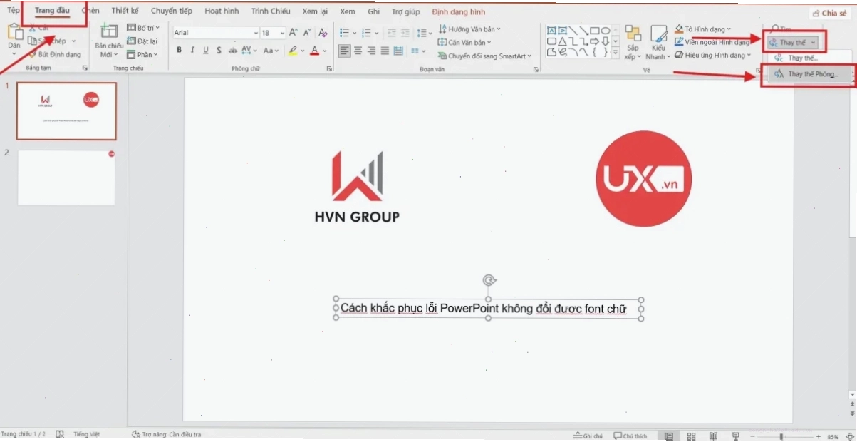 Đổi font chữ bằng Replace fonts