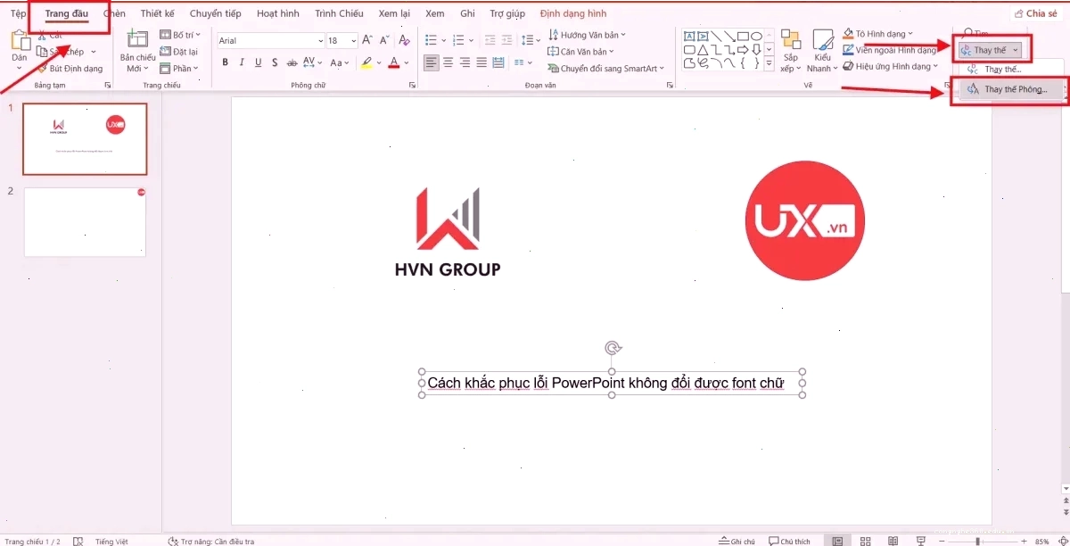 Đổi font chữ bằng Replace fonts