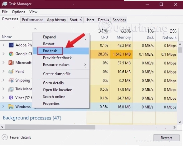 Đóng tiến trình Windows Explorer trong Task Manager