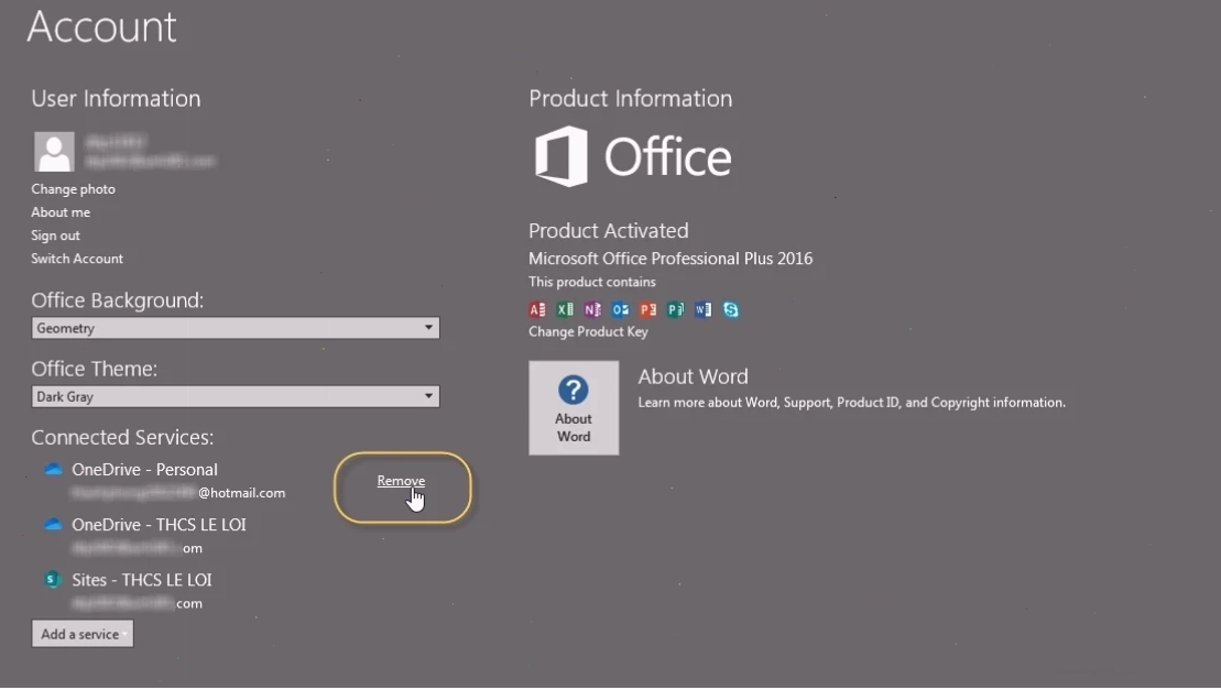 Giao diện Account trong Word để quản lý dịch vụ kết nối