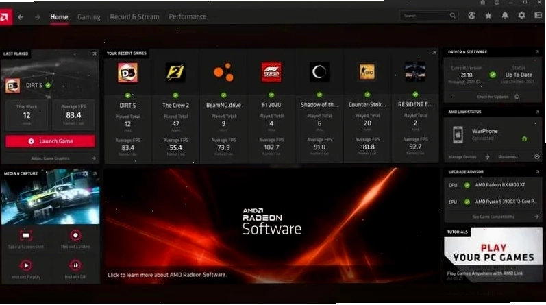 Giao diện AMD Radeon Software nơi cấu hình tối ưu để Roblox chạy mượt mà