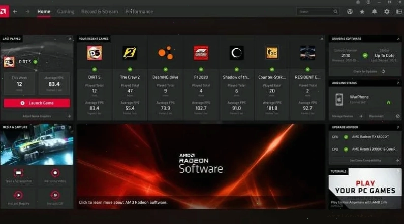 Giao diện AMD Radeon Software nơi cấu hình tối ưu để Roblox chạy mượt mà