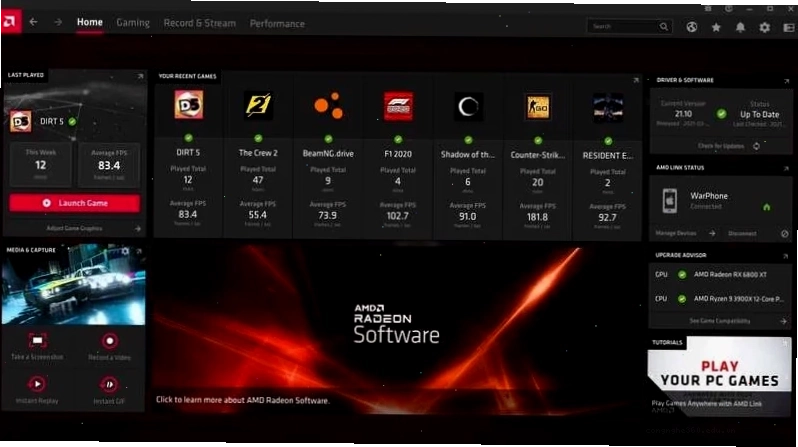 Giao diện AMD Radeon Software nơi cấu hình tối ưu để Roblox chạy mượt mà