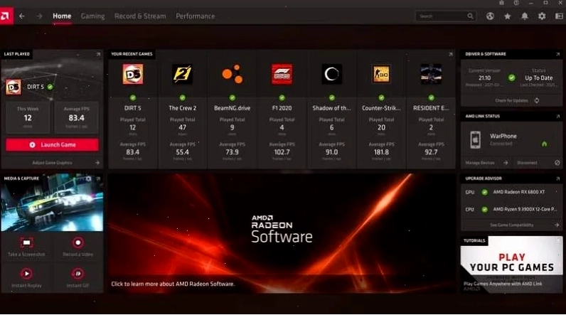 Giao diện AMD Radeon Software nơi cấu hình tối ưu để Roblox chạy mượt mà