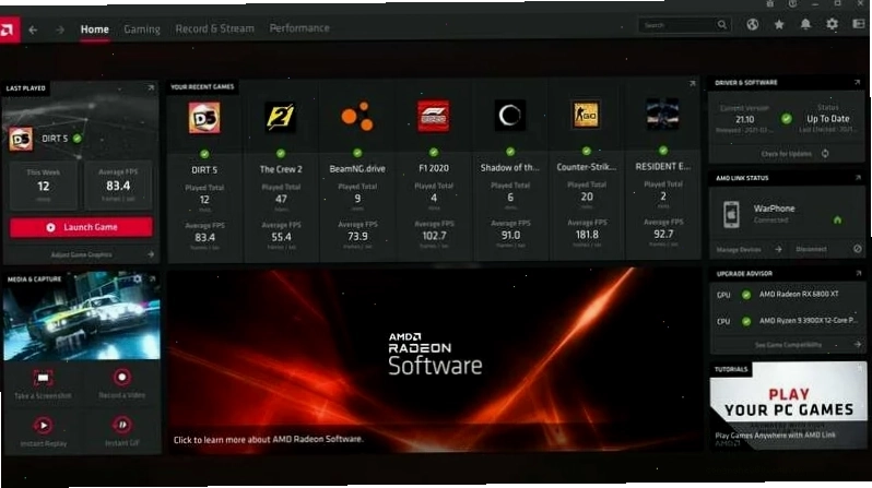 Giao diện AMD Radeon Software nơi cấu hình tối ưu để Roblox chạy mượt mà