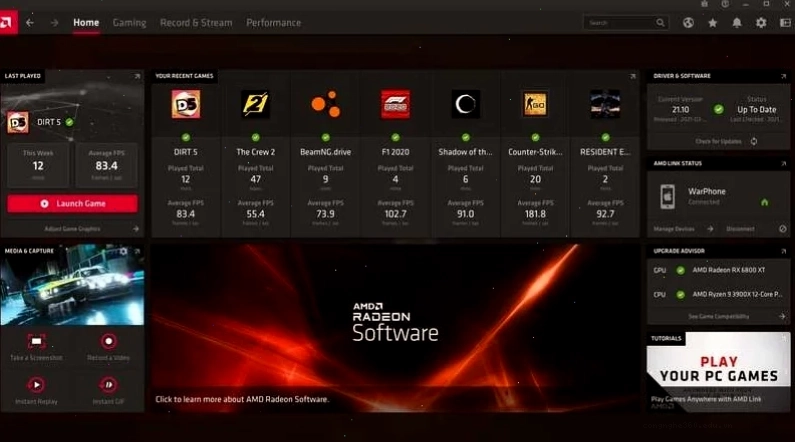 Giao diện AMD Radeon Software nơi cấu hình tối ưu để Roblox chạy mượt mà