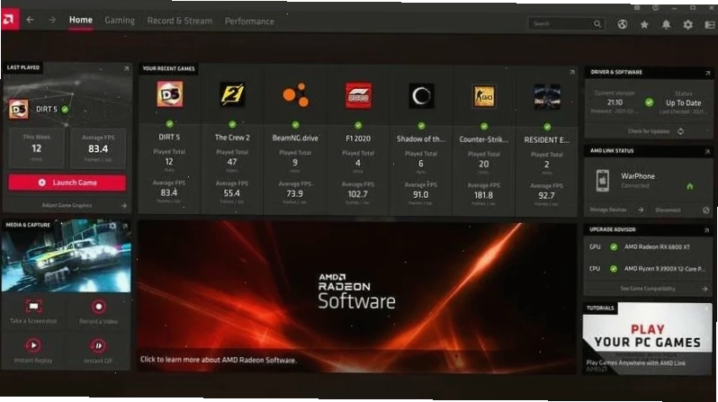 Giao diện AMD Radeon Software nơi cấu hình tối ưu để Roblox chạy mượt mà