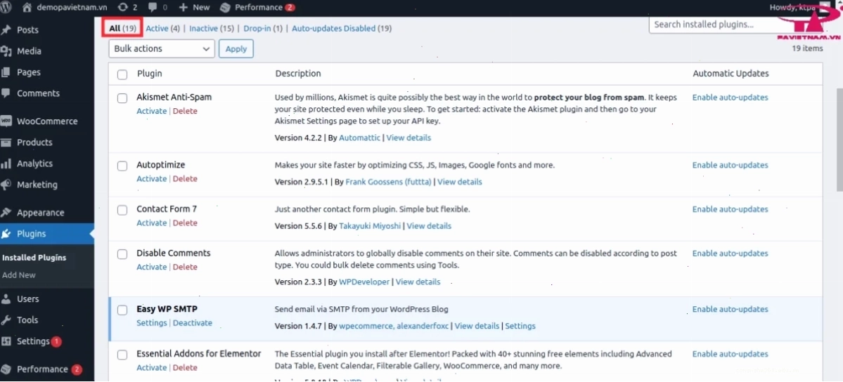 Giao diện quản lý plugin trên WordPress