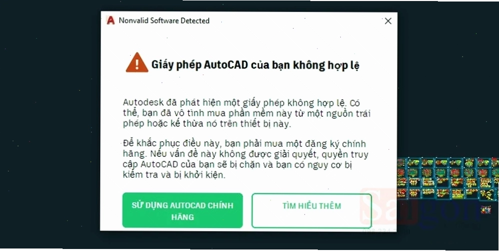 Giao diện thông báo lỗi giấy phép AutoCAD