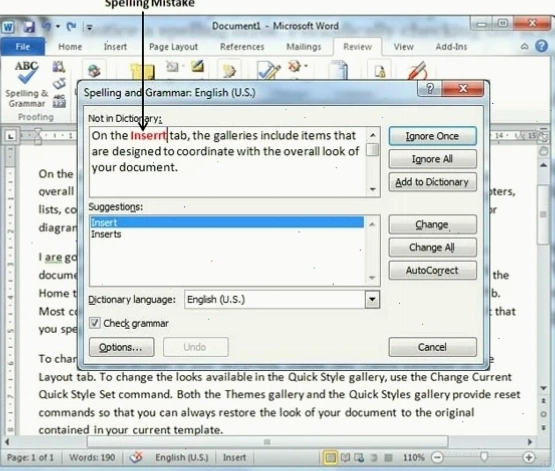 Hộp thoại Spelling & Grammar trong Word 2010