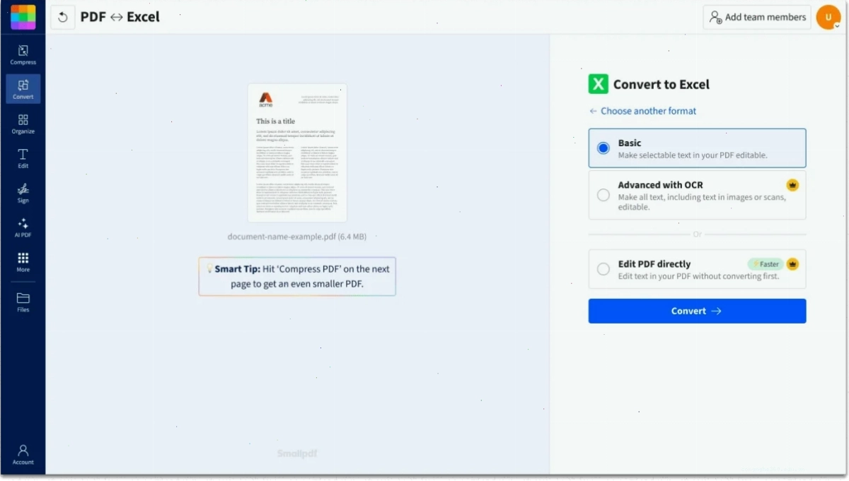 Hướng dẫn cách chuyển đổi PDF sang Excel, nhập file, chọn chế độ chuyển đổi, thực hiện chuyển đổi và tải xuống file XLSX