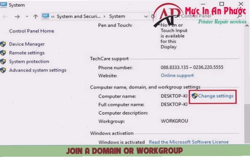 Join a domain or Workgroup sửa lỗi không tìm thấy máy in trong mạng LAN