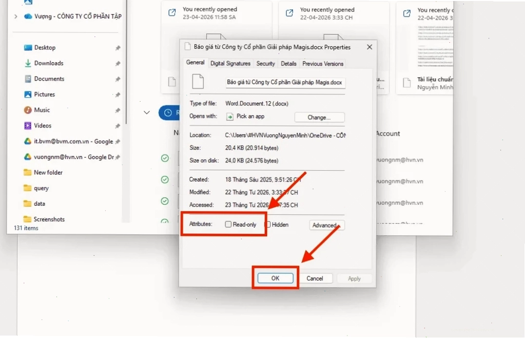 Kiểm tra thuộc tính file trong File Explorer để sửa lỗi read only trong Excel
