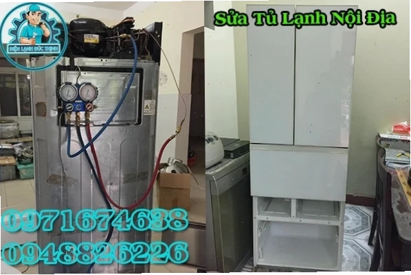 Kỹ thuật viên đang kiểm tra tủ lạnh nội địa nhật