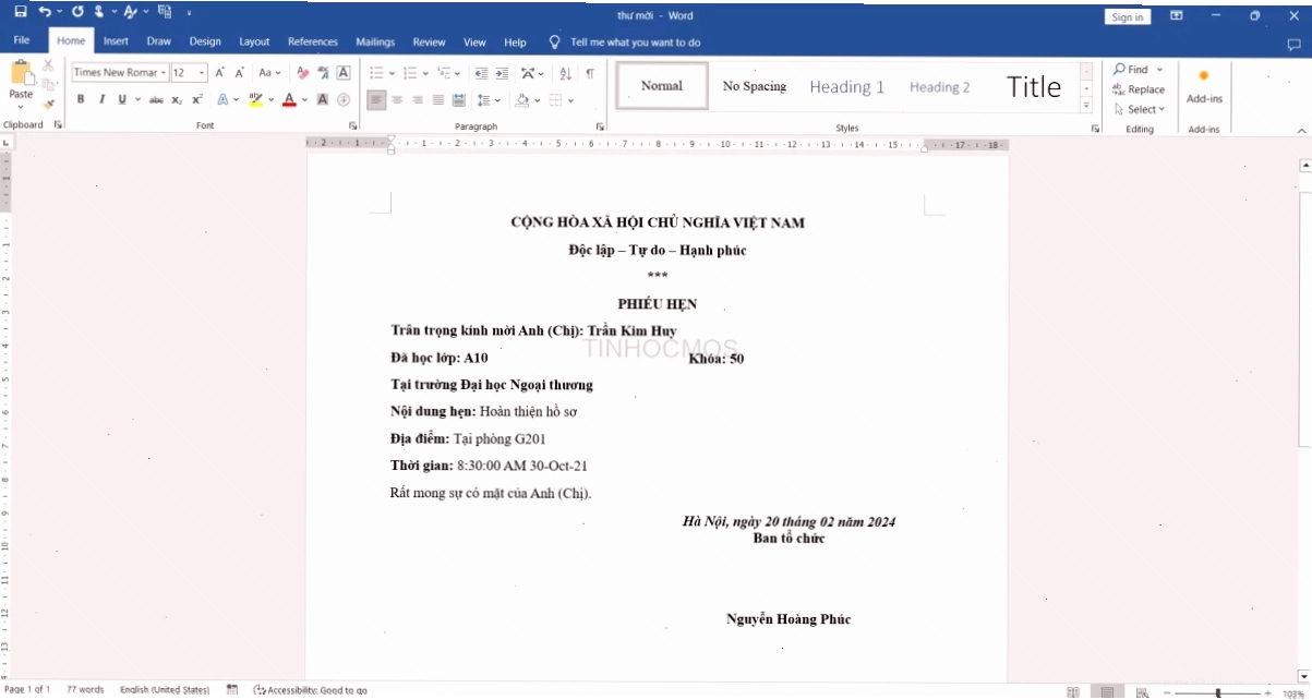 Lỗi định dạng ngày tháng trong mail merge gây nhầm lẫn