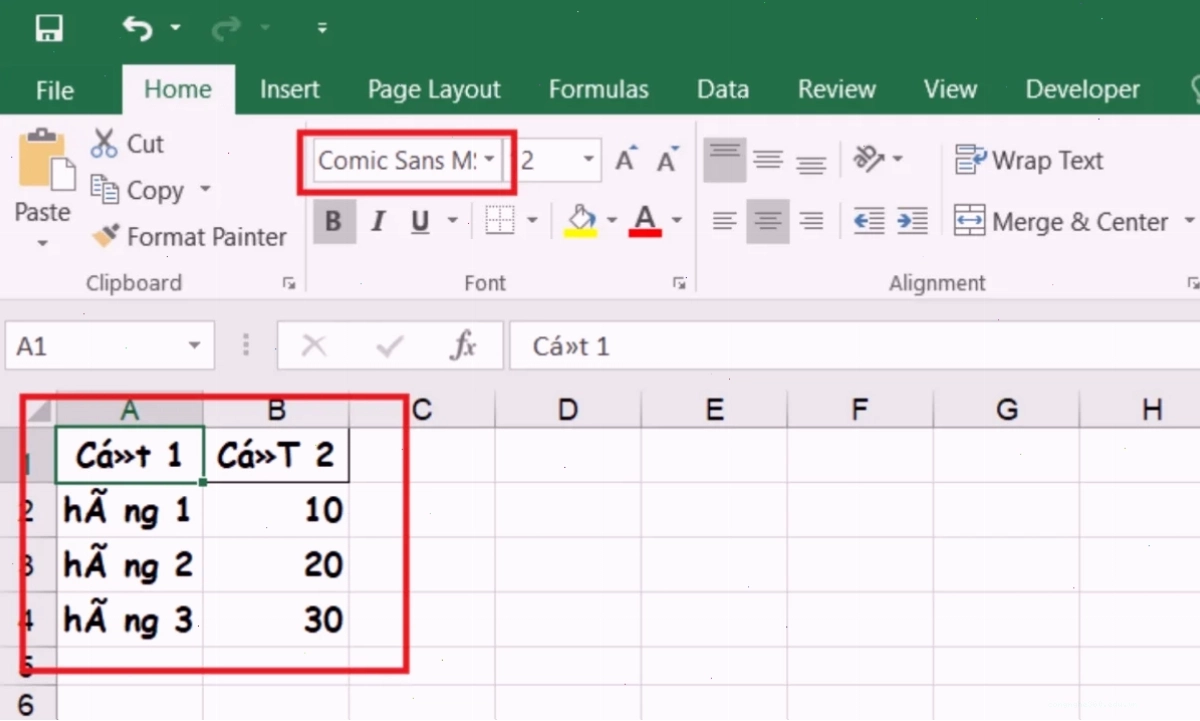 Lỗi font chữ trong Excel - lỗi font không tương thích