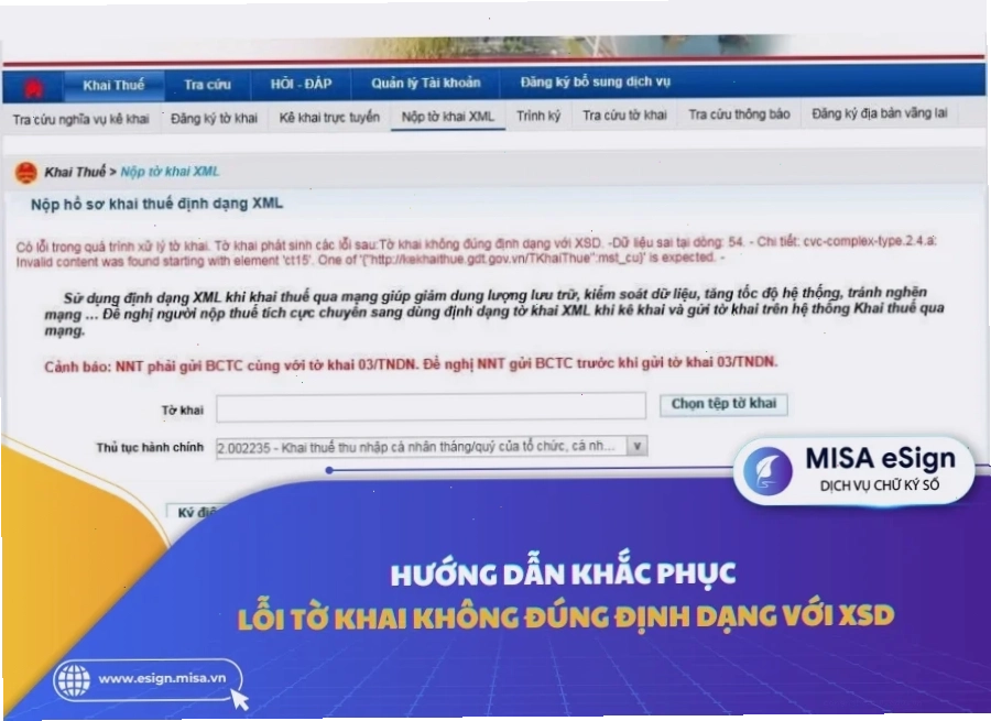 lỗi tờ khai không đúng với định dạng xsd