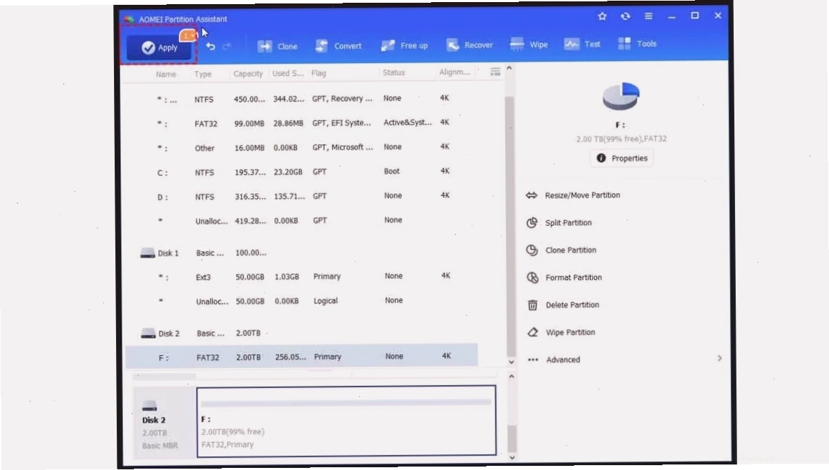 Màn hình chính AOMEI Partition Assistant Standard