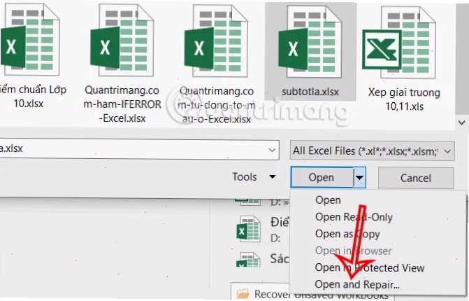 Mở file lỗi trong Excel với tính năng Open and Repair