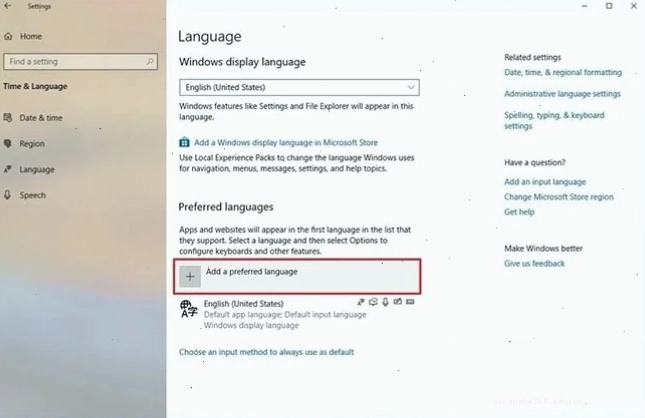 Nhấp vào nút Add a preferred language để thêm ngôn ngữ mới