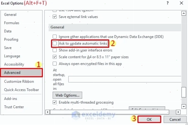 Sử dụng Startup Prompt để tắt thông báo automatic update of link has been disabled