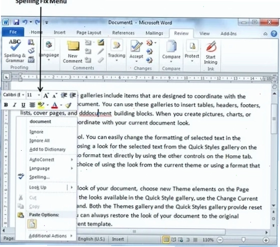 Sửa lỗi chính tả trong Word 2010 bằng chuột phải