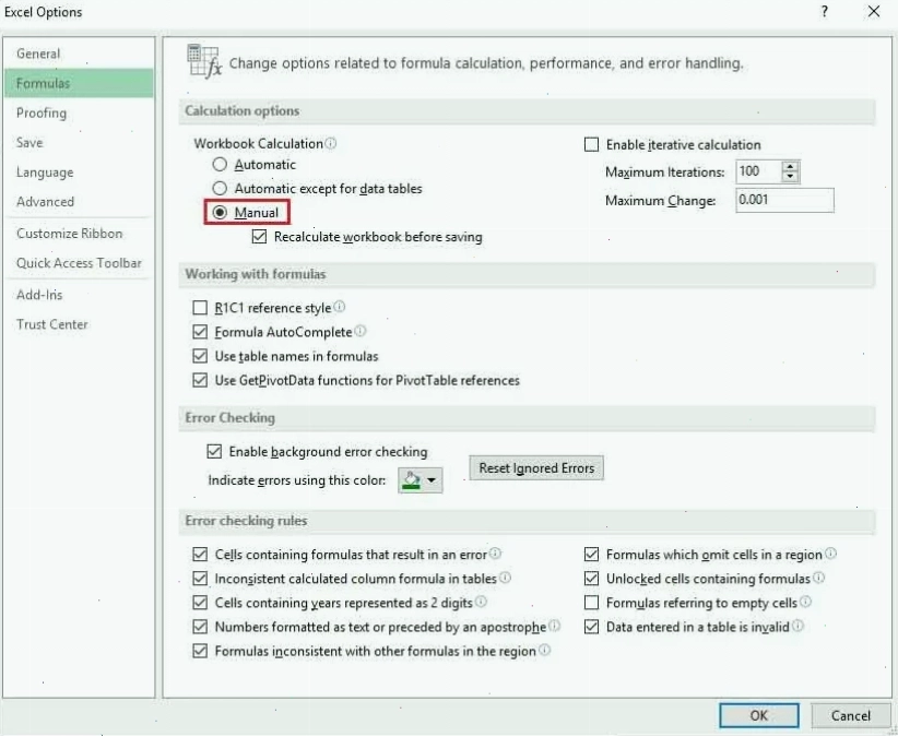 Sửa lỗi do excel đang bị đặt ở dạng tính toán thủ công manual