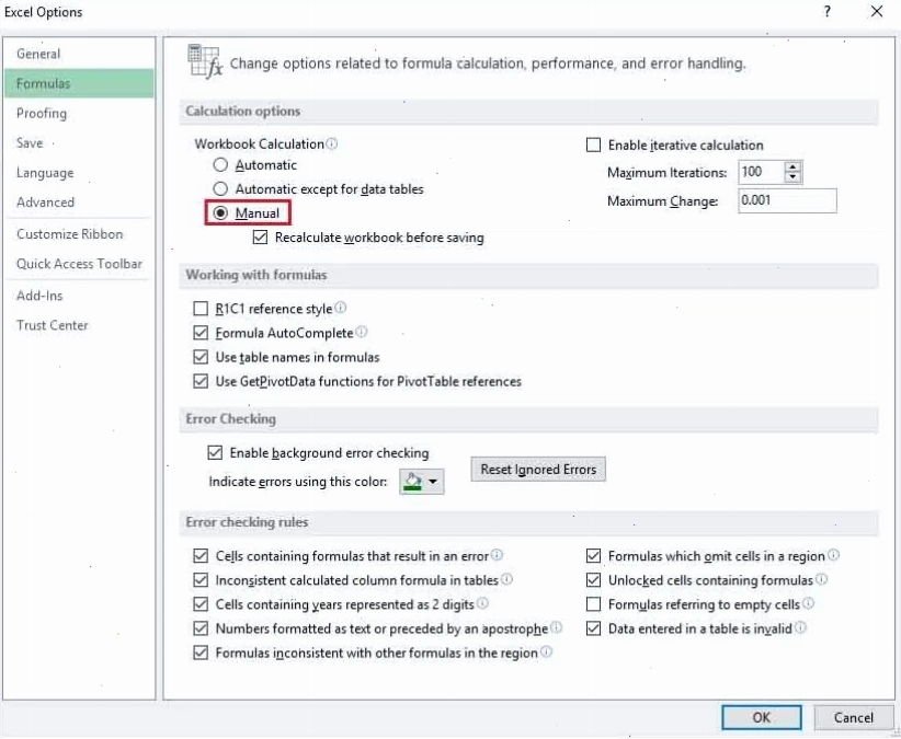 Sửa lỗi do excel đang bị đặt ở dạng tính toán thủ công (manual)