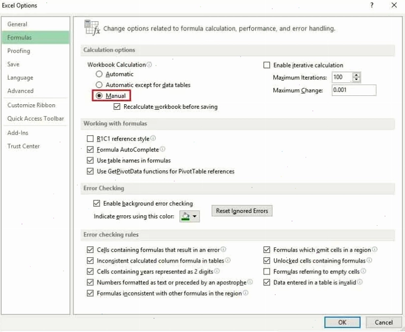 Sửa lỗi do excel đang bị đặt ở dạng tính toán thủ công (manual)