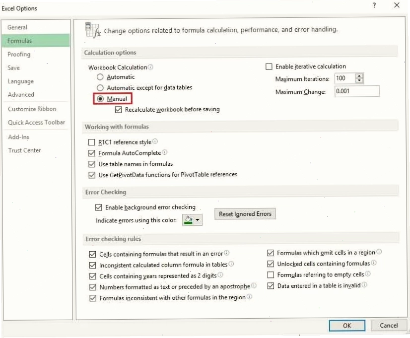 Sửa lỗi do excel đang bị đặt ở dạng tính toán thủ công (manual)