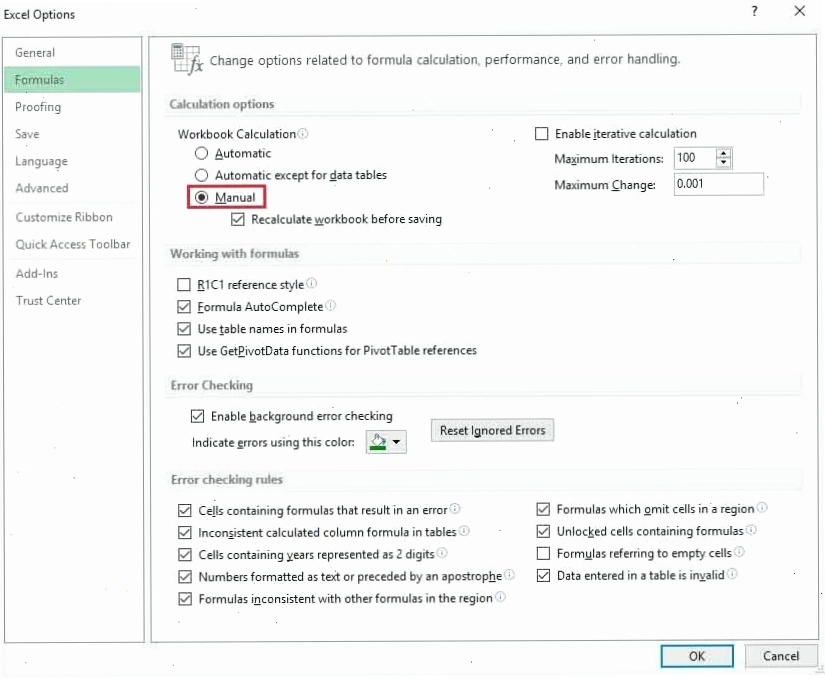 Sửa lỗi do excel đang bị đặt ở dạng tính toán thủ công (manual)