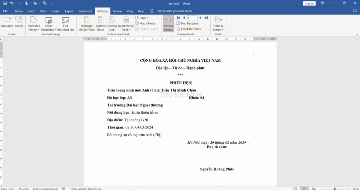 Sửa lỗi mail merge bằng hàm text trong excel